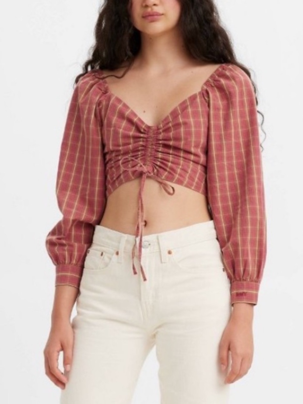 New Levis Devin Smocked Blouse Plaid Puff Sleeve